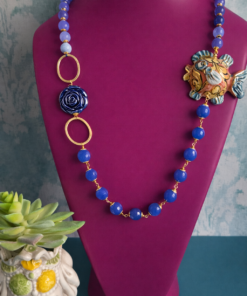 Collana Siciliana con Agata Blu e Pesce in Ceramica di Caltagirone