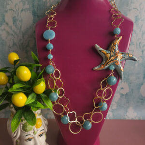 Collana a Catena lunga con Angelite e Stella Marina in Ceramica di Caltagirone Dipinta a Mano