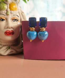Orecchini SUGAR con Cuori Turchesi in Ceramica e Occhio di Gatto Blu