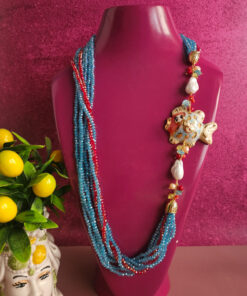 collana lunga 8 fili con cristalli azzurri e pesce in ceramica di caltagirone