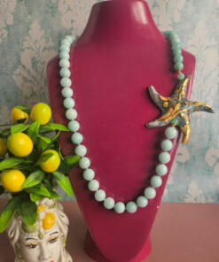 collana lunga siciliana con giada acquamarina e stella marina in ceramica di caltagirone