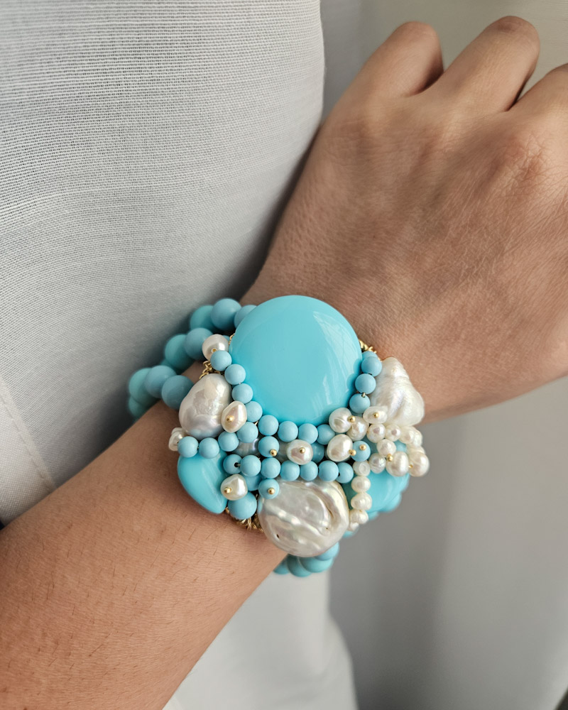 LES POULETTES BIJOUX Bracciale Collegamento Con Piccola Perla Turchese - Argento 925, Regalo In Cofanetto
