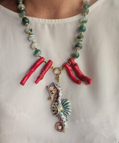Alternative view of Statement Necklace with Green Stones and Sicilian Ceramic Seahorse
