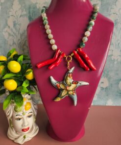 collana girocollo con agata striata corallo bambù e stella marina in ceramica di caltagirone