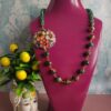 Collana lunga con agata fuoco agata del madagasscar verde e ceramica di caltagirone dipinta a mano