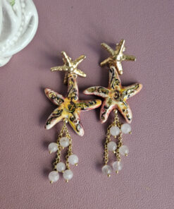 Orecchini siciliani con Stelle Marine in Ceramica di Caltagirone e Occhio di Gatto rosa