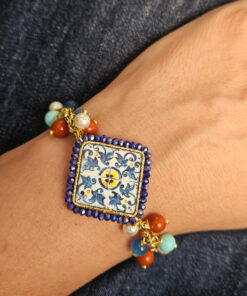 bracciale a catena con pietre colorate e maiolica di caltagirone