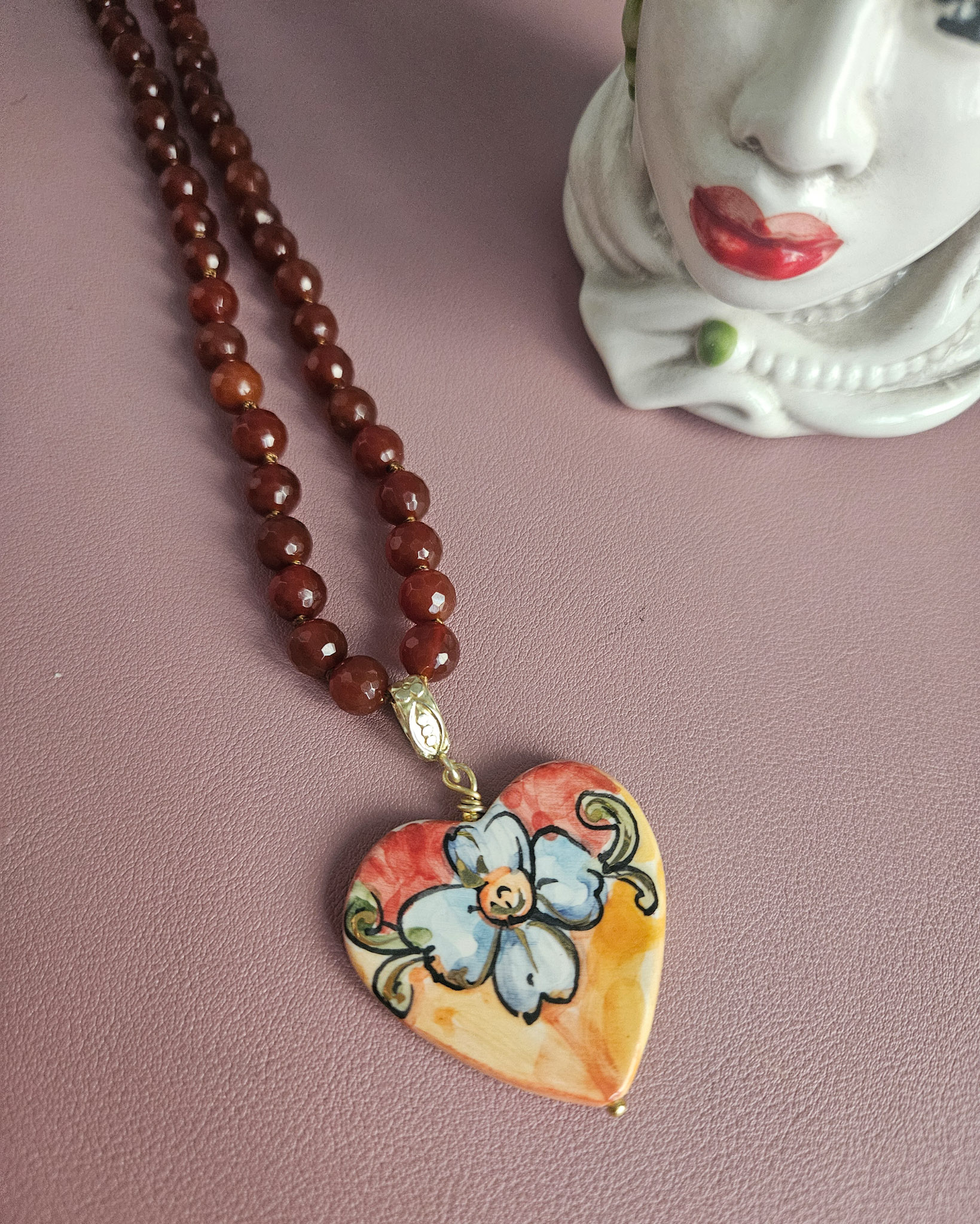 Sicilian Necklace with Carnelian Stones and Sicily Ceramic Heart - Image 3