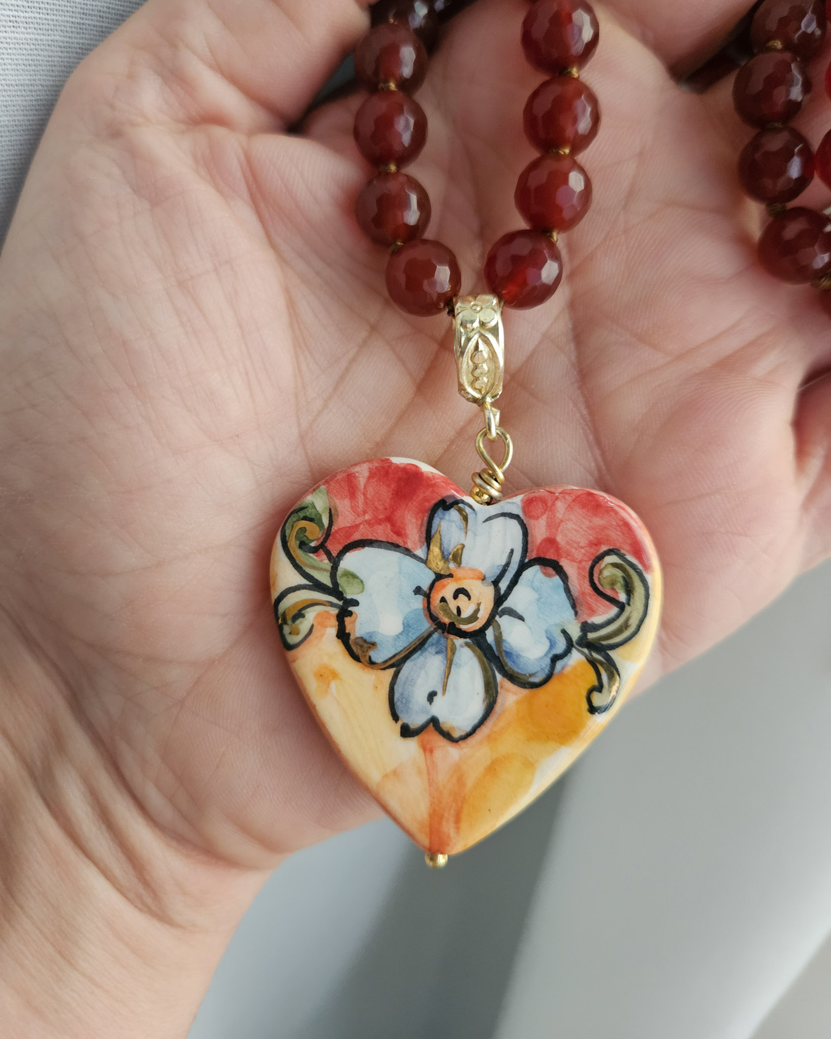 Sicilian Necklace with Carnelian Stones and Sicily Ceramic Heart - Image 4
