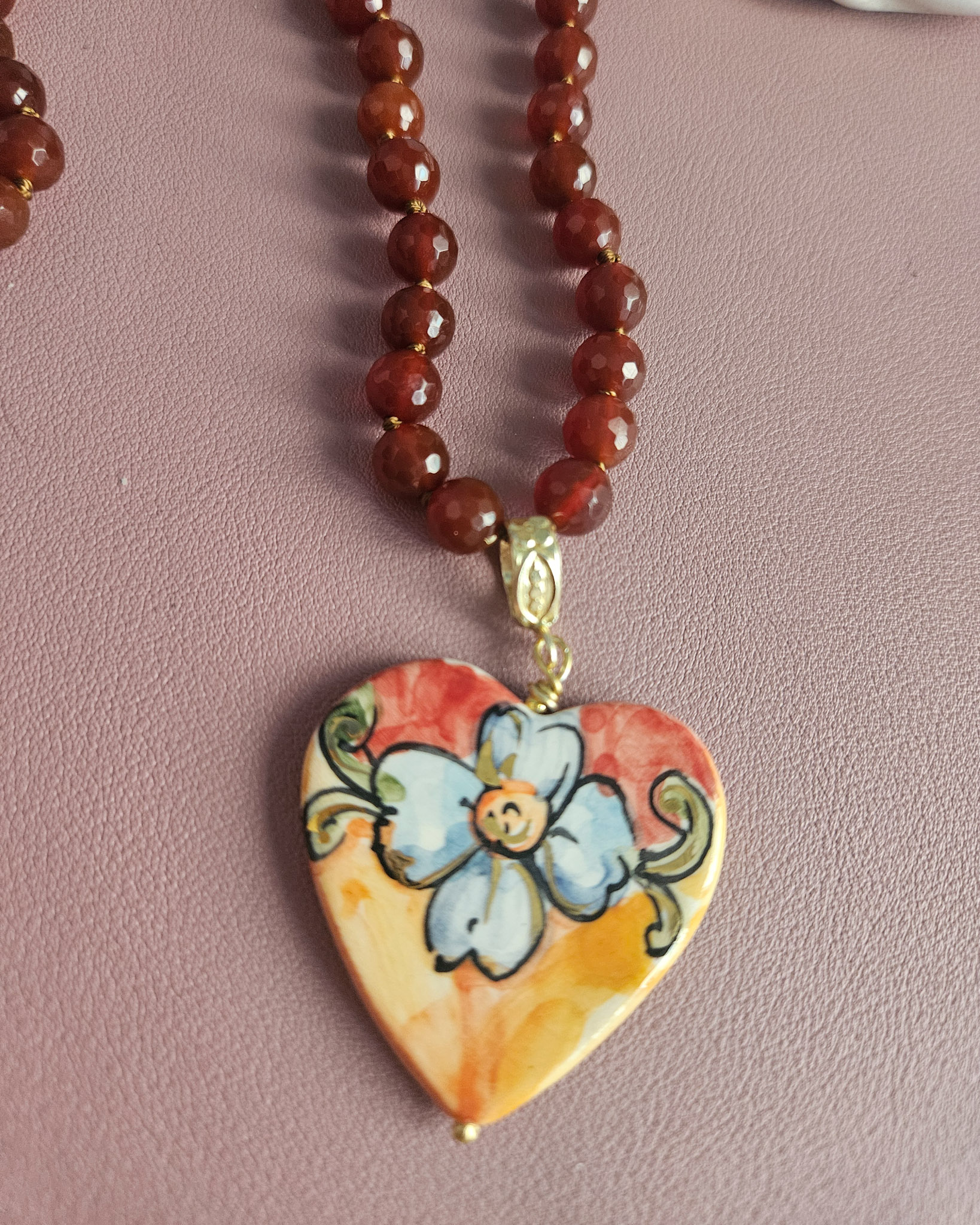 Sicilian Necklace with Carnelian Stones and Sicily Ceramic Heart - Image 5