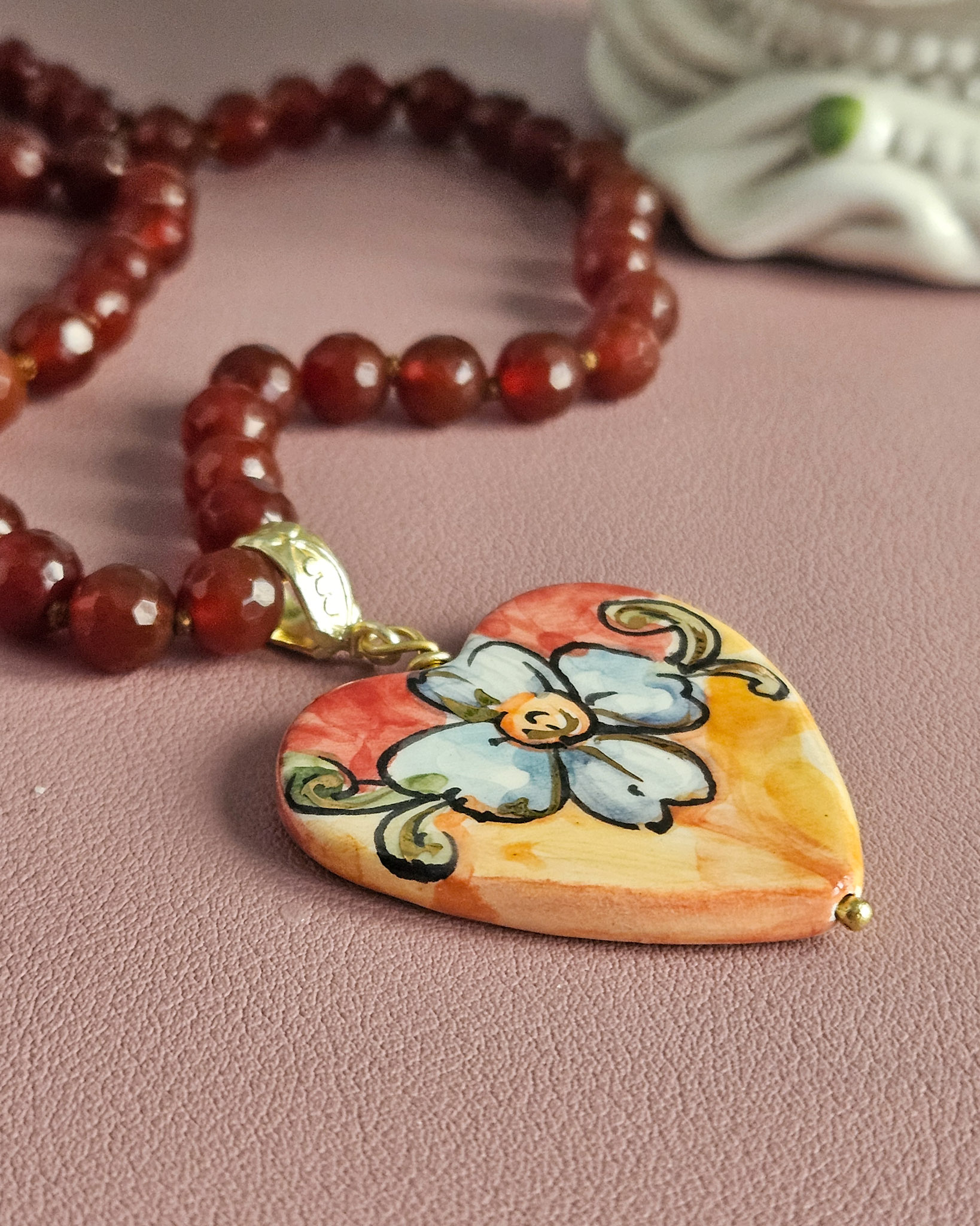 Sicilian Necklace with Carnelian Stones and Sicily Ceramic Heart - Image 2