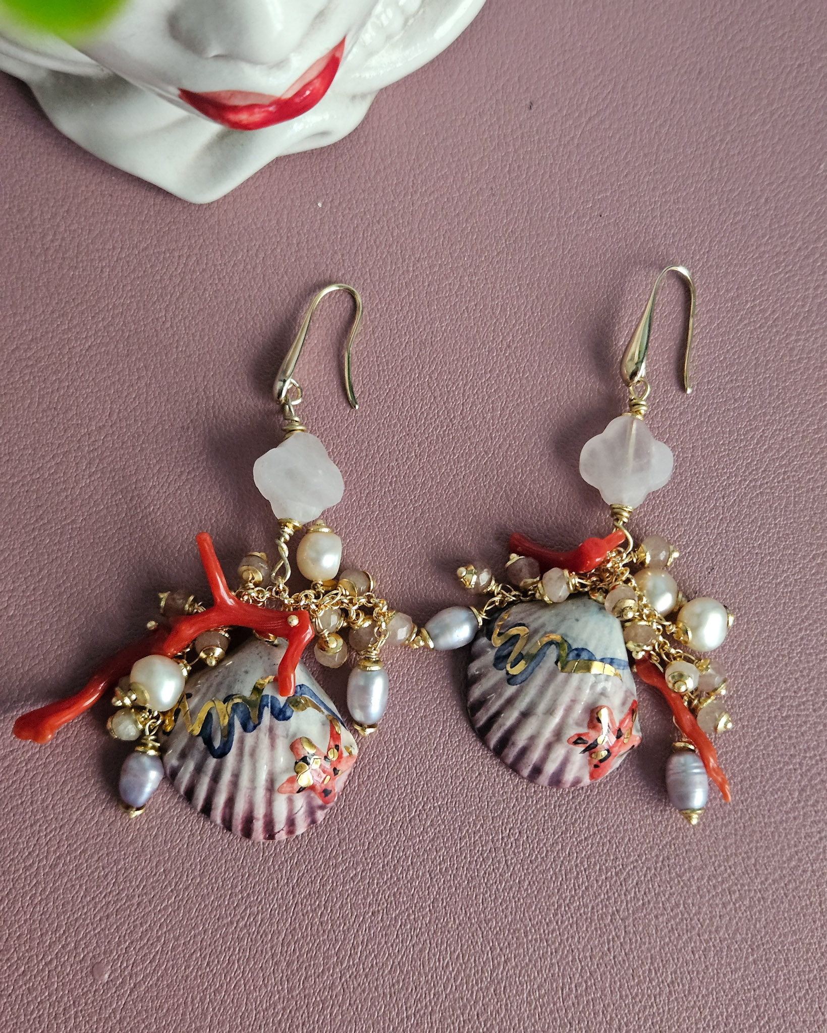 Cluster Earrings with Natural Pearls, Ceramic Shells, and Red Coral - Image 2