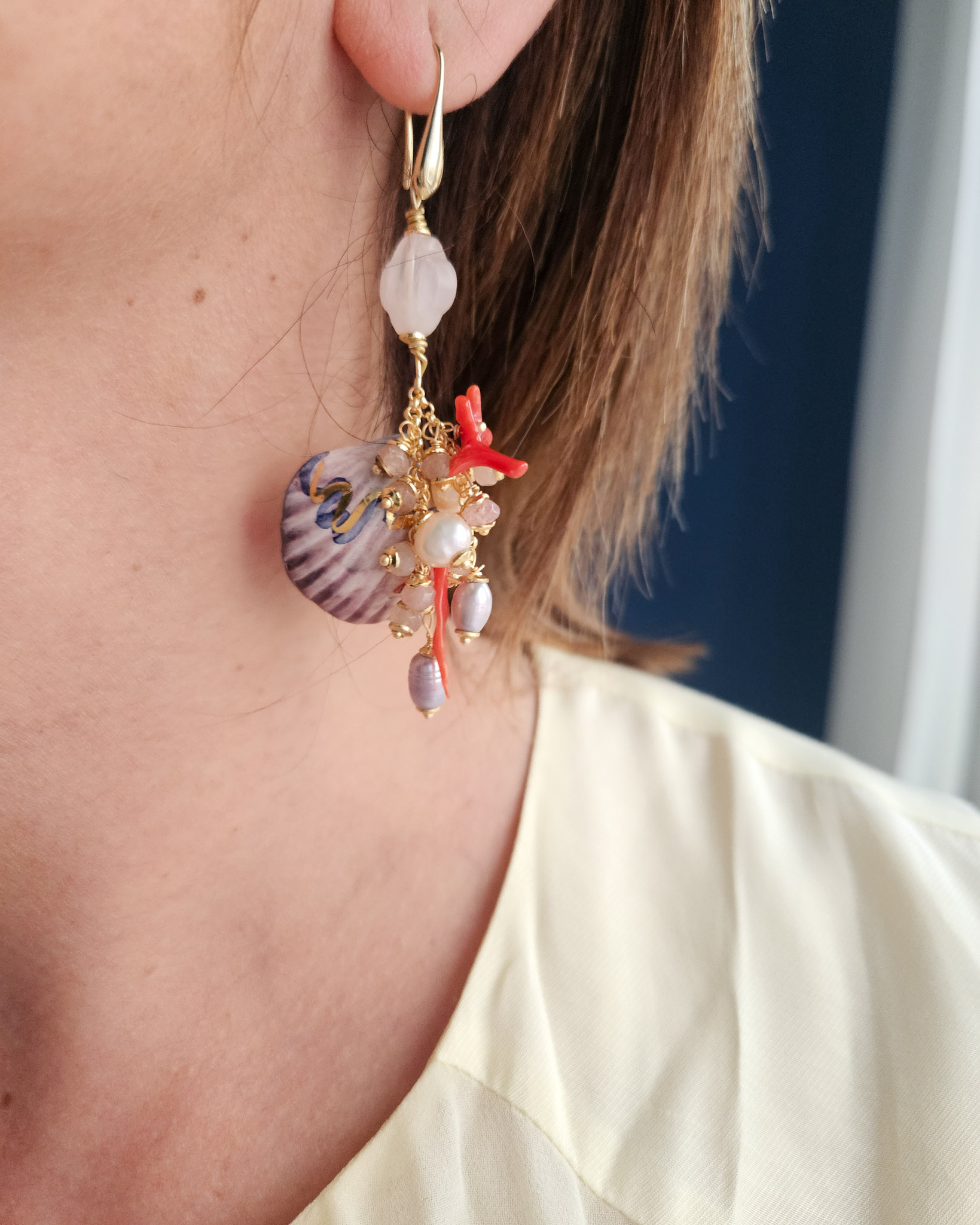 Cluster Earrings with Natural Pearls, Ceramic Shells, and Red Coral - Image 3