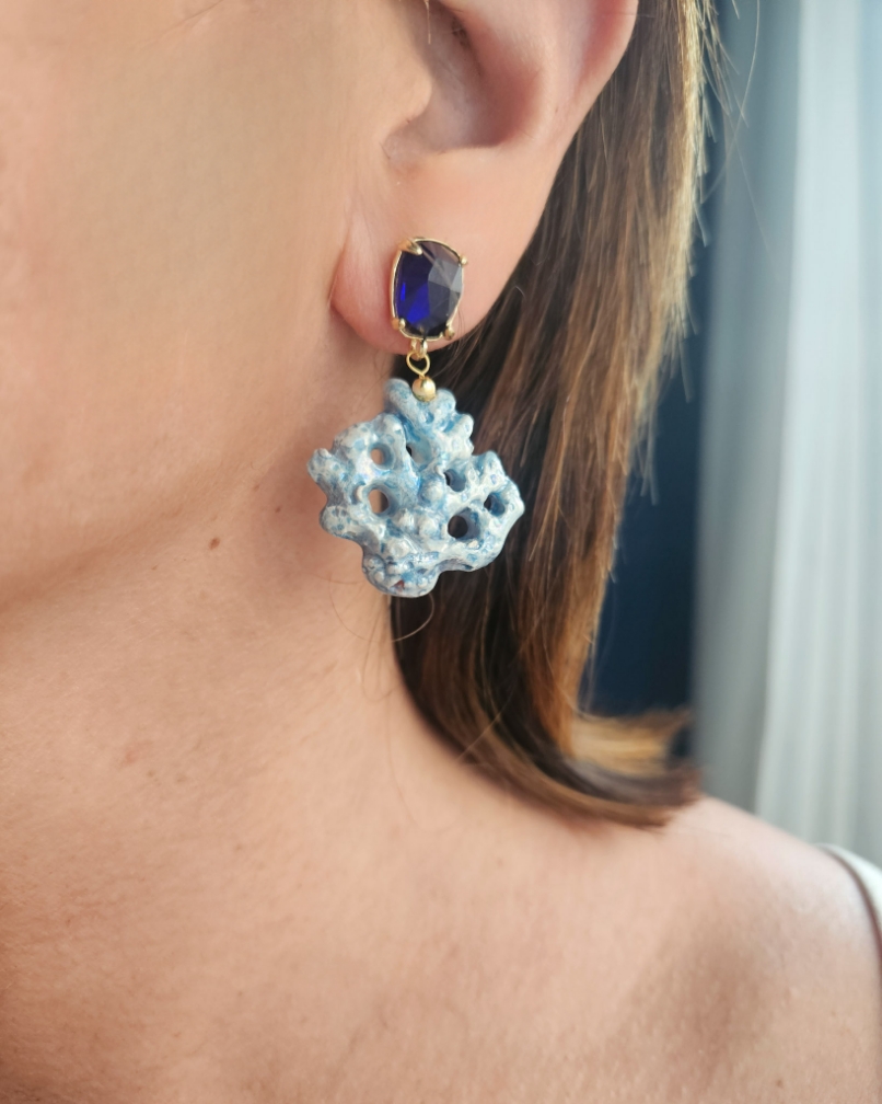 Drop Earrings with Ceramic Coral Branch and Blue Crystals - Image 2