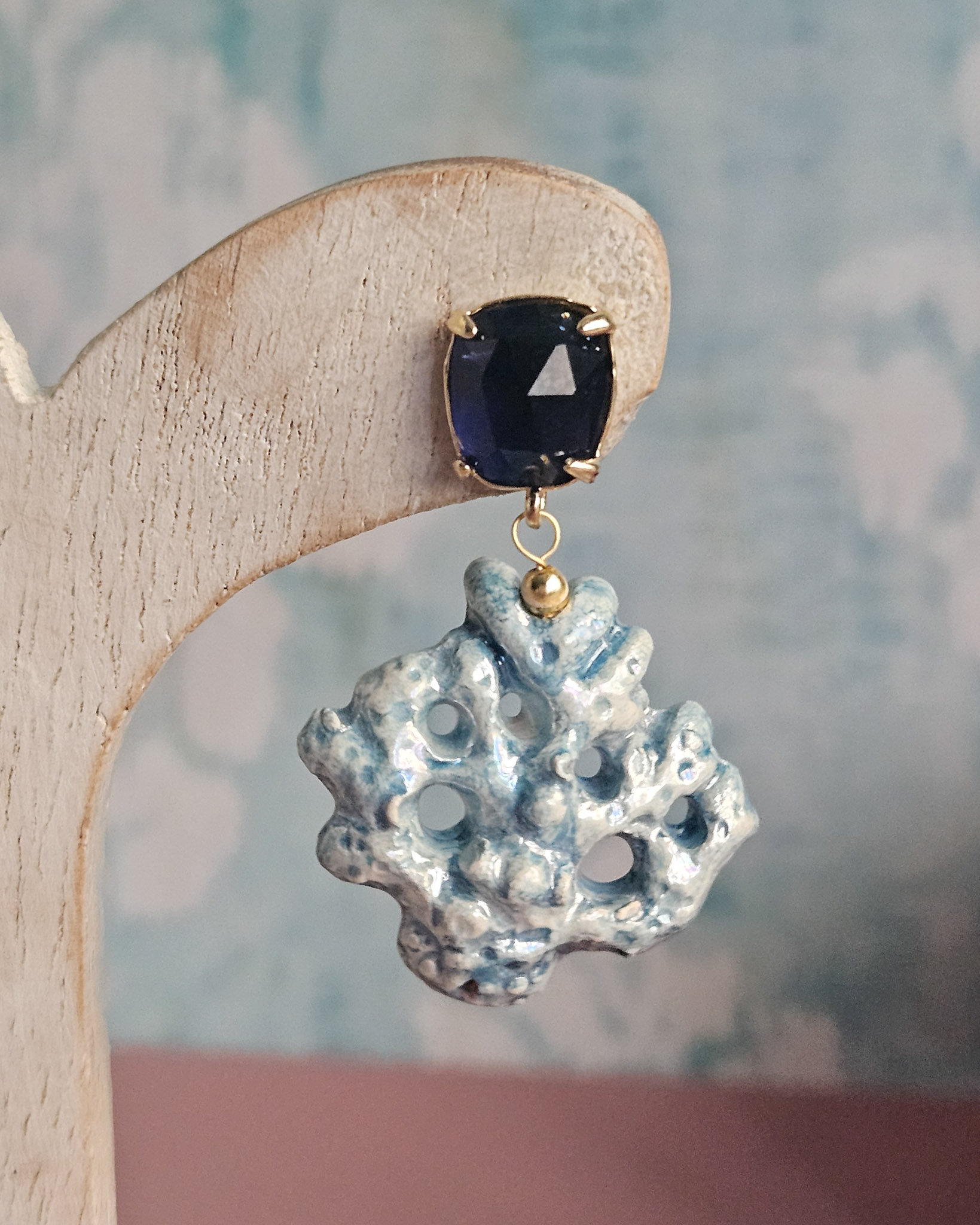 Drop Earrings with Ceramic Coral Branch and Blue Crystals - Image 3