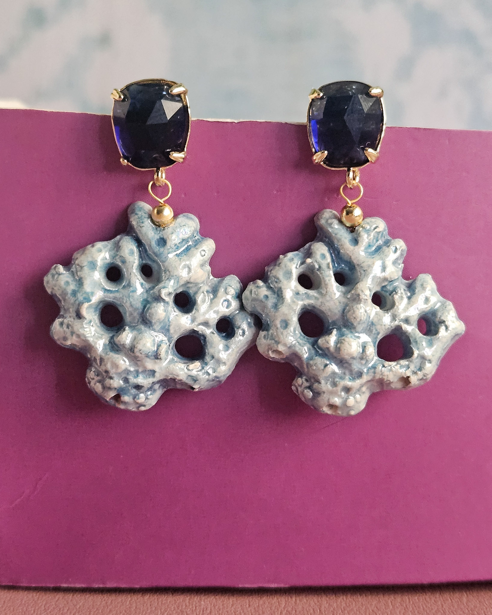 Drop Earrings with Ceramic Coral Branch and Blue Crystals - Image 4