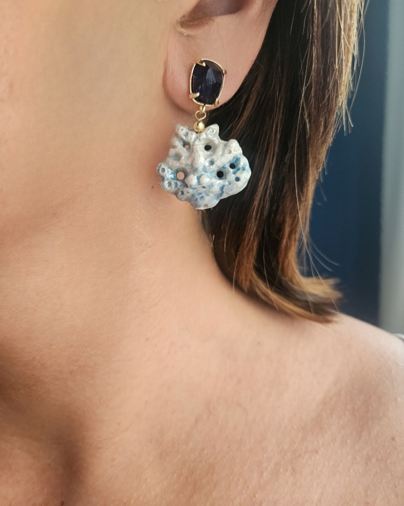 Drop Earrings with Ceramic Coral Branch and Blue Crystals - Image 4