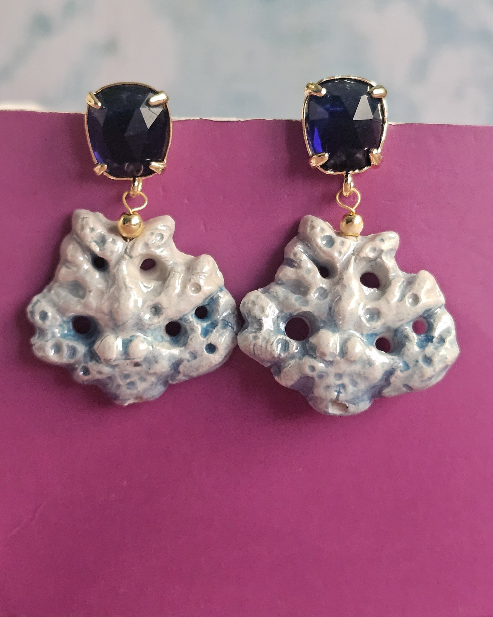 Drop Earrings with Ceramic Coral Branch and Blue Crystals - Image 3