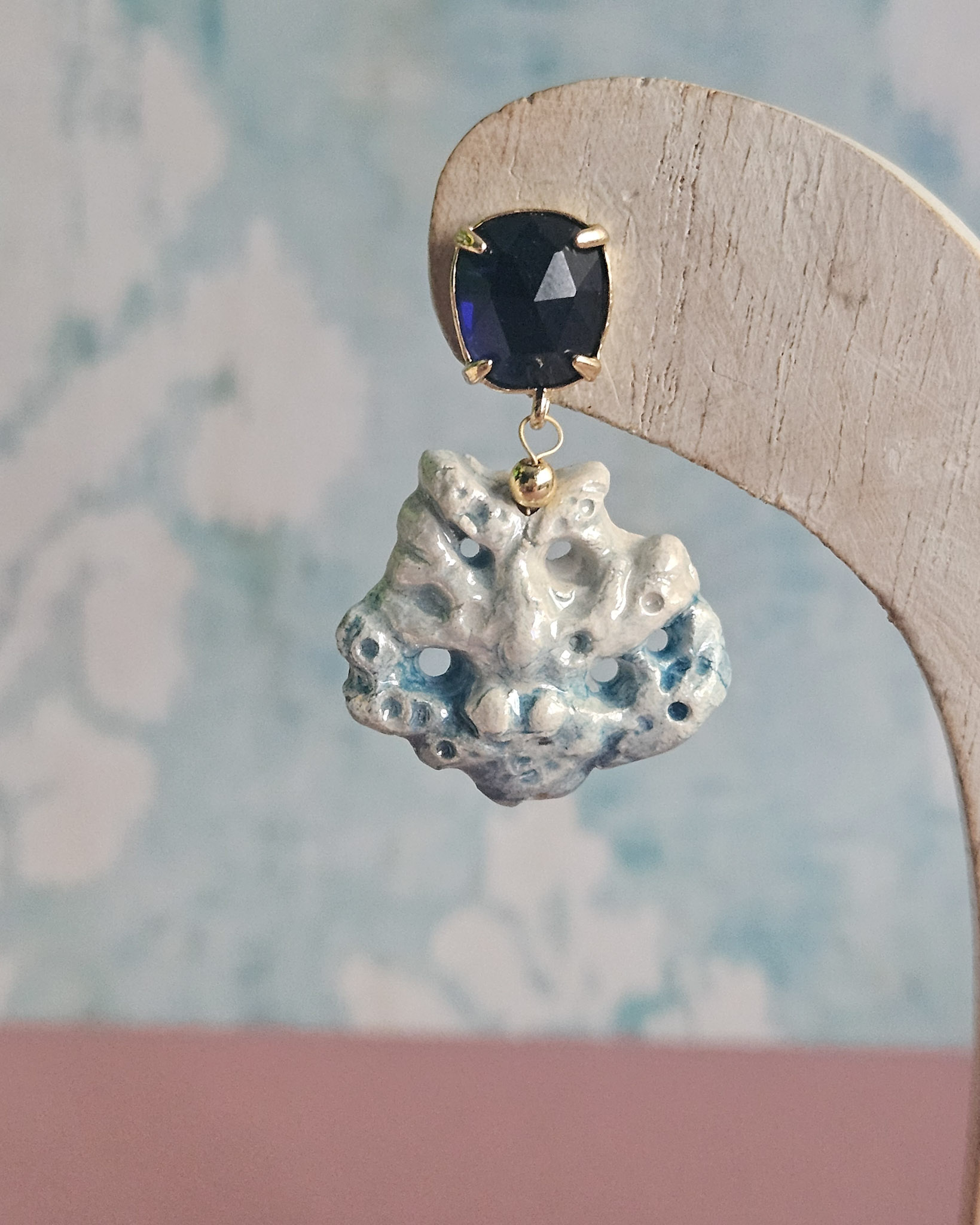 Drop Earrings with Ceramic Coral Branch and Blue Crystals - Image 2