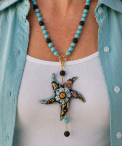 Collana Siciliana con Pasta di Turchese, Pietra Lavica e Stella Marina in Ceramica di Caltagirone
