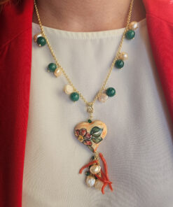 Alternative view of Parure Collana e Orecchini con Pietre Dure, Corallo Rosso e Cuori in Ceramica di Caltagirone