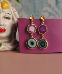 Orecchini Pendenti con Agata Naturale verde acqua e fucsia