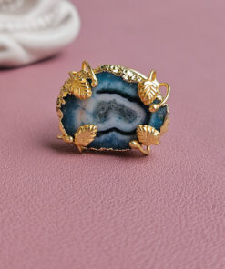 anello ovale con agata druzy naturale blu