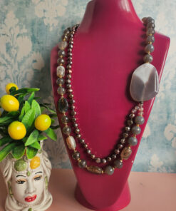 collana con agata fumè grigia e perle naturali bronze 4