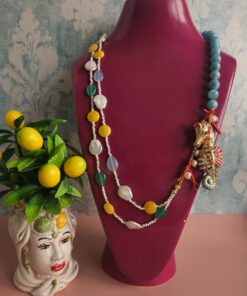 collana multifilo con angelite agata colorata e cavalluccio in ceramica di caltagirone