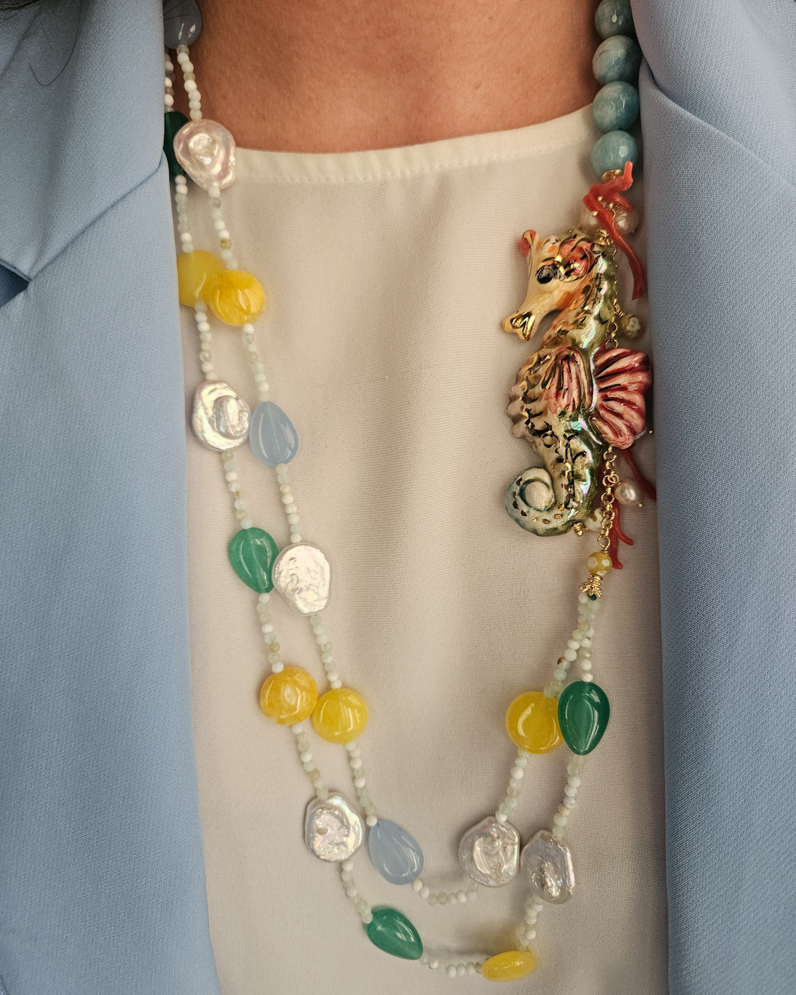 Collana Doppia con Angelite e Cavalluccio in Ceramica di Caltagirone - immagine 4