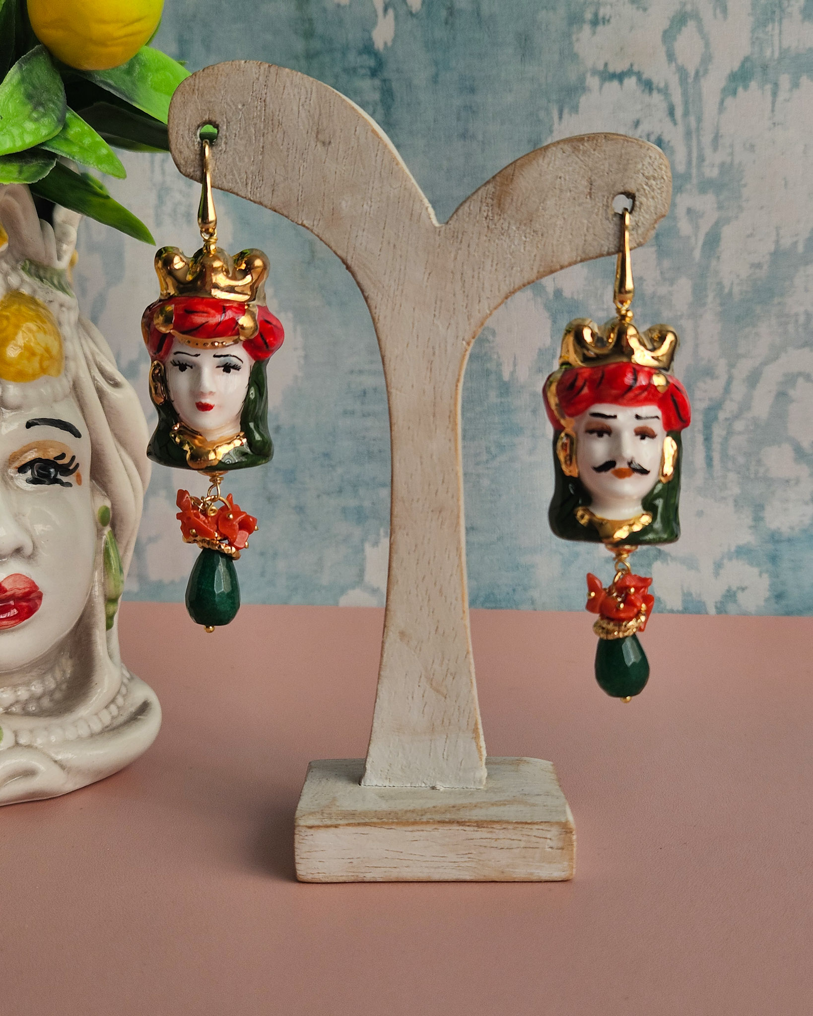 Sicilian Earrings with Ceramic Moors and Genuine Stones - Image 2