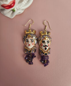 orecchini siciliani con teste di moro in ceramica di caltagirone e ametista