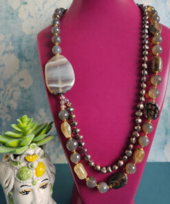 Collana Doppia con Agata Naturale Fumè, Perle Bronze e Giada Bianca