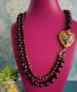 Collana Doppia con Agata Striata Viola, Perle Bronze e Cuore Sacro in Ceramica di Caltagirone
