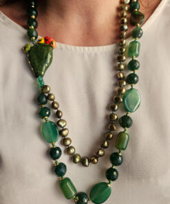 Alternative view of Statement Double Necklace with Green Stones, Bronze Pearls and Ceramic Prickly Pear