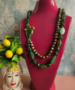 collana doppia in agata verde e fico d'india in ceramica di caltagirone dipinta a mano