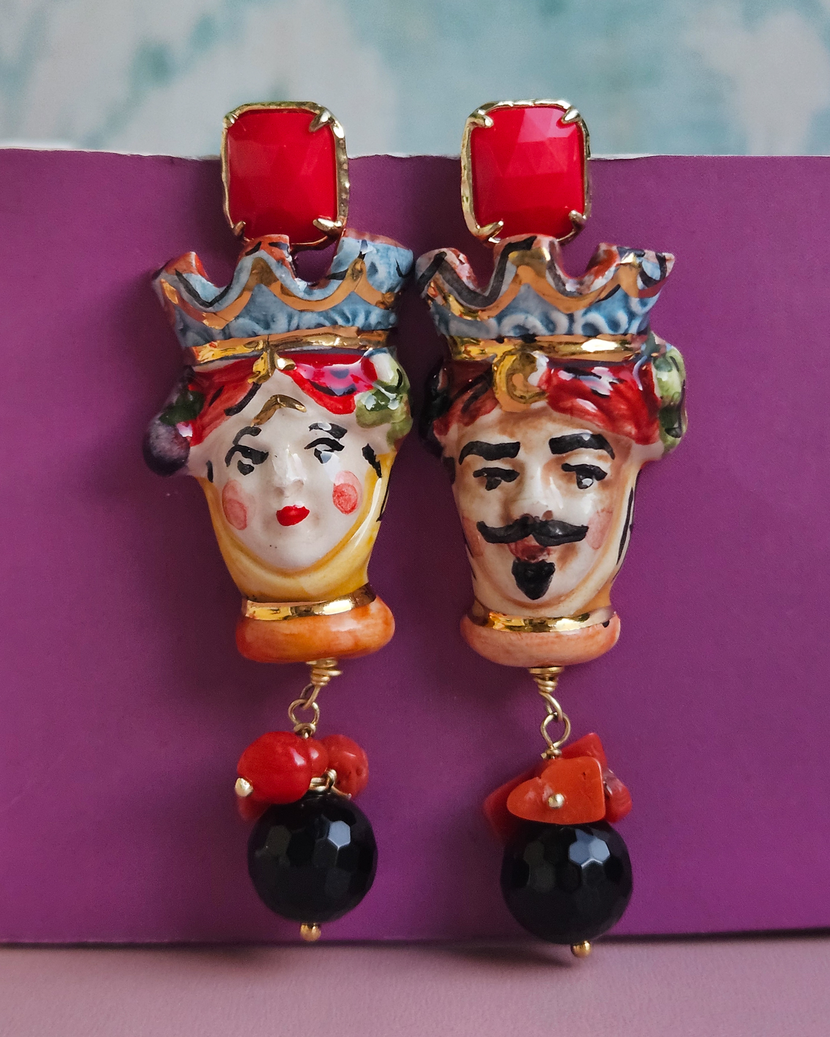 Sicilian Moor Earrings with Red Coral and Black Onyx - Image 2