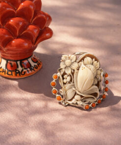 Anello Vittoriano in Argento 925 con Cammeo di Torre del Greco e Corallo Rosso