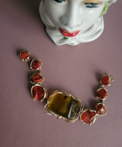 Bracciale in Argento 925 Placcato Oro con Corallo Rosso e Ambra Naturale