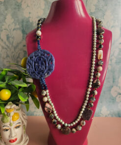 Collana EVA Doppia con Agata Fuoco, Perle Blu e Giada Burma Blu