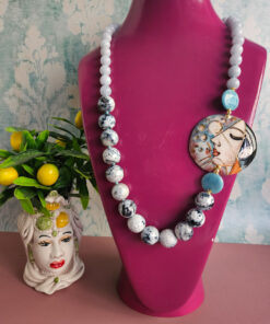 Collana Siciliana con Angelite, Agata Fuoco e Ceramica di Caltagirone Dipinta a Mano 1
