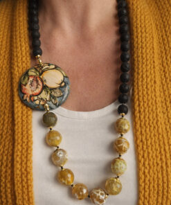 Alternative view of Sicilian Necklace with Lava Stones, Yellow Stones and Sicily Ceramic Medal