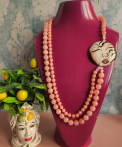 collana doppia con giada rosa e ceramica di caltagirone dipinta a mano
