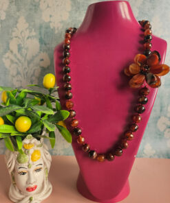 collana lunga in agata striata mattone e fiore