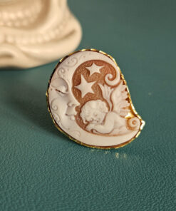 Anello Vittoriano in Argento 925 Placcato Oro con Cammeo Luna e Angelo