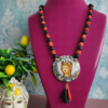 Collana Decollete con Pietra Lavica, Corallo Rosso e Ciondolo in Ceramica di Caltagirone con Sant'Agata