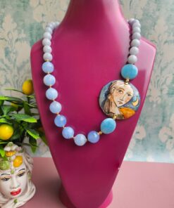 Collana Siciliana con Angelite, Agata Azzurra e Ceramica di Caltagirone Dipinta a Mano