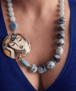 Alternative view of Collana Siciliana con Angelite, Agata Fuoco e Ceramica di Caltagirone Dipinta a Mano