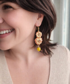 Orecchini Siciliani con Doppio Fiore in Ceramica di Caltagirone e Agata Gialla