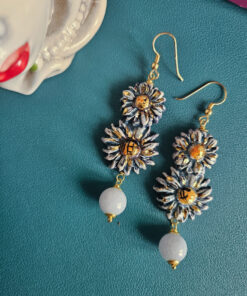 Orecchini Siciliani con Doppio Fiore in Ceramica di Caltagirone e Angelite